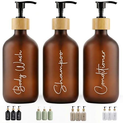 FCINNOVA Dispensador Jabon Baño Ambar Mate 500ml Set de 3 Botes para Gel y Champu Acondicionador Embudo para Rellenado Este Dosificador Jabon Baño es Elegante practico y mantendra su Ducha ordenada
