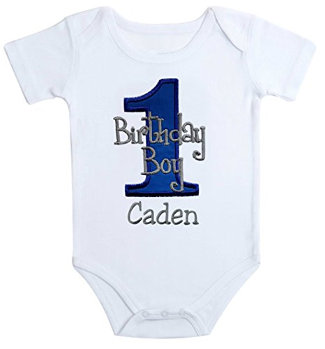 Embroidered First Birthday Year 1 Bodysuit for Baby Boys with Your Custom Name ( 18 MONTHS, ROYAL & GRAY )