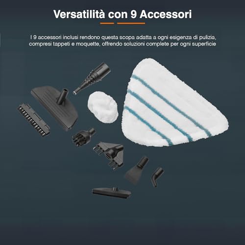 Dampfreiniger mit 9 Werkzeugen, ideal für Teppiche, Dampfreiniger für hartnäckigen Schmutz und 9 Zubehörteile, 0,3 l, 1500 W, grau und orange
