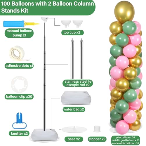 Image of 2 Sets Pink Green Gold Balloon Column Stand Kit with 100 Balloons Adjustable Balloon Tower Stand with Bases for Floor Column Kit for Wedding Anniversary Graduation Birthday Appreciation Party Decor