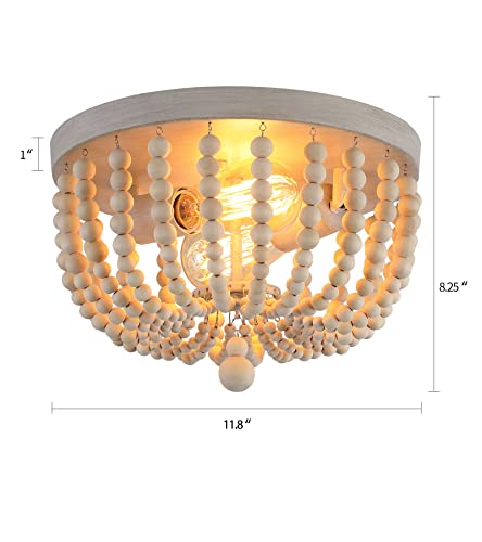 Q&S Boho Chandelier Wood Beaded Flush Mount Ceiling Light Fixtures For Nursery Baby Bedroom Kitchen Hallway,Oak White Finish,2-Lights #TOP2