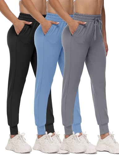 3 Pack Joggers for Women - Black Sweatpants with Pockets Plus Size Comfy Lounge Yoga Pants (S-5XL)