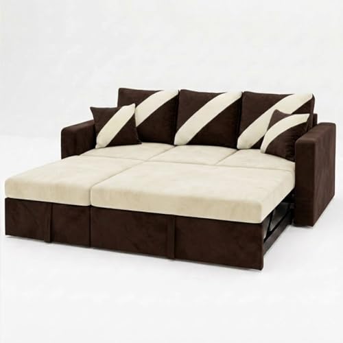Image of FURNY Trivia 4 Seater LHS Lounger Sofa Cum Bed (Dark Brown - Cream) with Pull-Out Function | Luxury Velvet Suede Finish | Durable Comfort | Ideal for Living Room