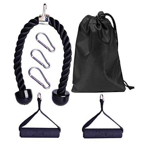 CALIDAKA Tricep Rope Cable Attachment,Nylon Tricep Pull Down Rope with 2 Exercise Handles + 3 Carabiner Clips+Storage Bag,Cable Machine Attachments for Gym Home Gym Accessories