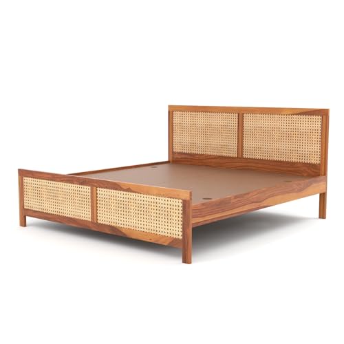 Image of Sheesham Wood Cane Bed Without Storage for Bedroom | Queen Size Wooden Double Bed Palang with Rattan Headboard & Footboard (Honey Finish)