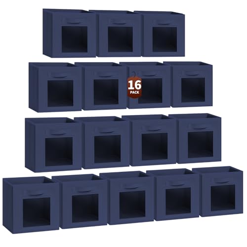 Homsorout Storage Cube 11 Inch - Cube Storage Bins with Window, Closet Storage Baskets with Handle, Fabric Bins for Closet, Shelves, Toys, Clothes, Set of 16, Navy Blue