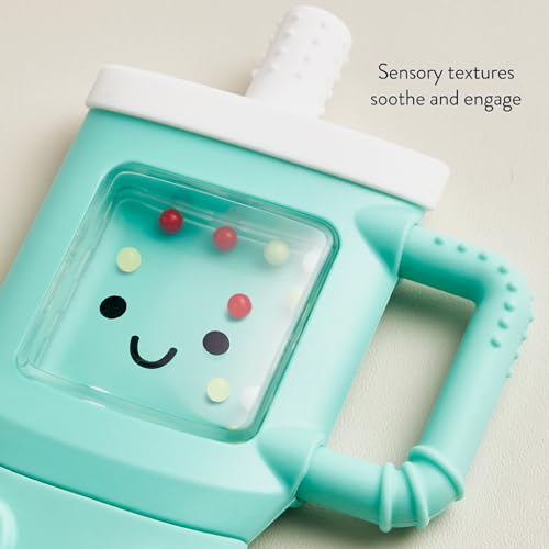 Image of Itzy Ritzy Silicone Rattle Teether- BPA-Free Silicone Teether with Rattle for Babies & Toddlers - Features a Gentle Rattle Sound, Colorful Beads & Multiple Textures (Travel Cup)