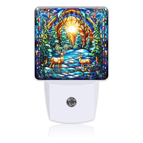 Image of Plug in Night Lights Christmas Stained Glass Deer Nightlight Plug Into Wall Dusk to Dawn Sensor LED Night Light for Kid Girls Boys Women Room Decor,Hallway,Kitchen,Bathroom,Nursery,Stairs