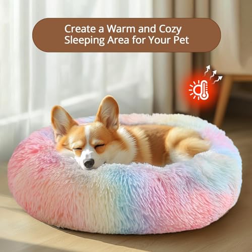 Image of JOLLYVOGUE Calming Dog Bed Medium Size Dog, 31in Donut Washable Medium Pet Bed, Anti-Slip & Anti-Anxiety Fluffy Faux Fur Round Dogs Bed, Fits up to 45 lbs Pets (Rainbow)