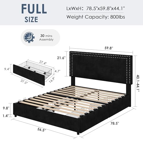 Image of VECELO Full Size Upholstered Bed Frame with 4 Storage Drawers, Adjustable Velvet Rivet Decor Headboard, Wooden Slats Platform Support, No Box Spring Needed, Easy Assembly,Black