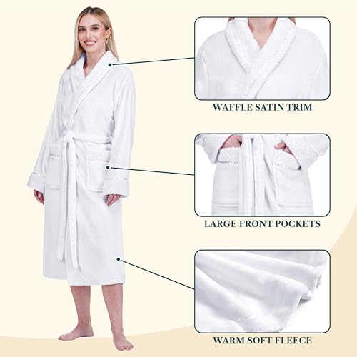 Image of PAVILIA Women's Plush Fleece Robe, Soft Cozy Long Bathrobe with Satin Waffle Trim, Warm Lightweight, Pockets & Tie Belt