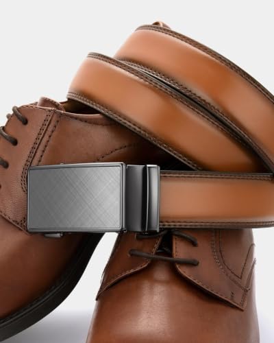 Image of Chaoren Leather Ratchet Belt 2 Pack Dress with Click Sliding Buckle 1 3 /8 inch in Gift Set Box - Adjustable Trim to Fit