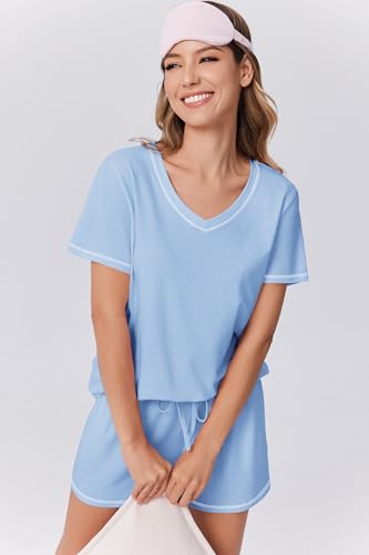 Image of Ekouaer Womens Pajamas Sets Soft 95% Cotton Pjs Short Sleeve Lounge Sets | Comfy Sleepwear Sets with pockets, ideal for Home, Mom, Party, Gifts, Daily Wear