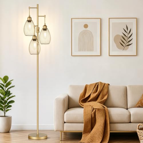 Image of Dimmable Floor Lamp, 3 x 800LM LED Edison Bulbs Included, Farmhouse Industrial Floor Lamp Standing Tree Lamp with Elegant Teardrop Cage Head Tall Lamp for Living Room Bedroom Office Dining Room - Gold