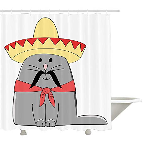 Preisvergleich Produktbild AdaCrazy Moderne Illustration Latino-Kätzchen mit mexikanischem Schnurrbart Maskottchen Duschvorhang 3D-Druck Wasserdicht beschichtetes Badezimmer Polyestergewebe mit 12 Haken 71 Zoll