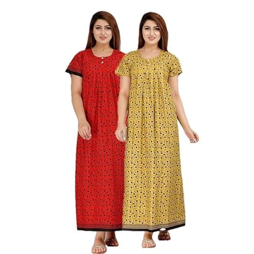Image of OFEEFAN Cotton Nighty for Women - Pack of 2 Printed Maxi Gowns, Ankle-Length Night Dresses, Soft & Breathable Sleepwear - Free Size