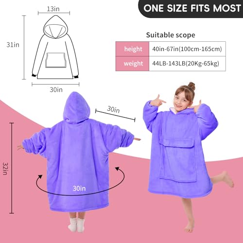 yescool Wearable Blanket Kids Hoodie, Birthday Teen Girls Gifts for 8-15 Year Old Kids Oversized Sweatshirt Sherpa Flannel Cozy Hooded Blanket with Pocket for Children, Youth Teens, One Size, Purple