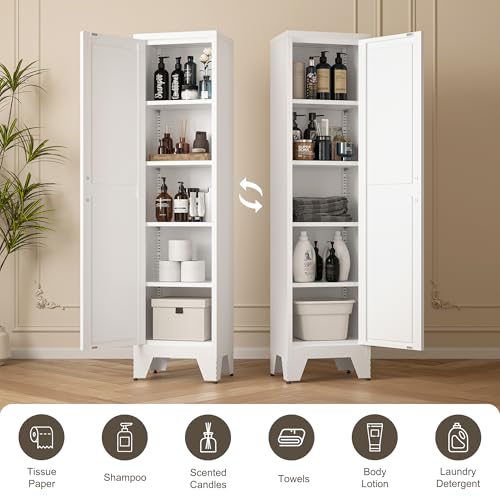 Image of LCAOPC 67 inch Tall Narrow Bathroom Metal Storage Cabinet with 4 Adjustable Shelves, Freestanding 5 Tier Slim Pantry Storage Cabinet for Small Space, White