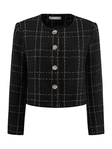 ジャケット・アウター Tweed Dot Button Collarless Jacket Casual Tweed Blazer Jacket for Women Cropped Open Front Button