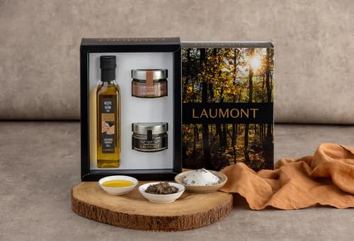 LAUMONT - Estuche regalo - Aceite de Oliva AOVE con Aroma de Trufa Negra + Sal con Trufa Negra + Salsa Tartufata. Pack Gourmet Trufado (250ml+100gr+90gr)