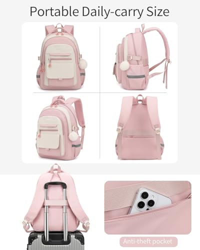 Image of School Backpack for Teen Girls, Large Capacity Laptop Bag for High School Middle School Elementary, Aesthetic Bookbag College Women, Beige Pink