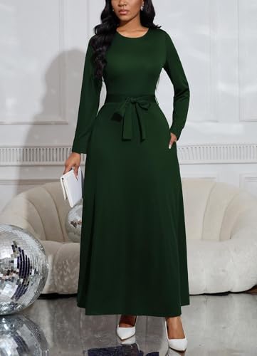 Image of BubFee Long Dress for Women Casual Long Sleeve Dresses Maxi Dress Empire Waist Loose with Belt