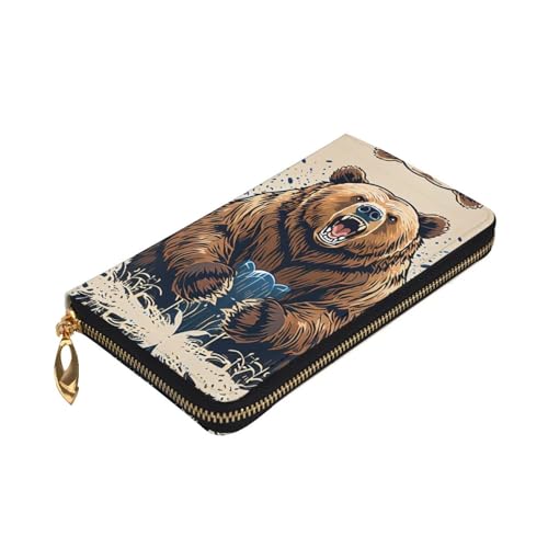 Women's Long Cash Wallet, PU Leather Elegant Clutch Change Purses with Zipper, Travel, Gifts (Powerful Bear Print)3