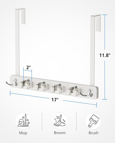 BS-VOG Besenhalter für Tür, Besenhalterung mit 4 Regalen & 2 Haken, Holz Besenhalter Türaufhängung, Wäschewerkzeug Aufbewahrung für Schrank Garage, Weiß