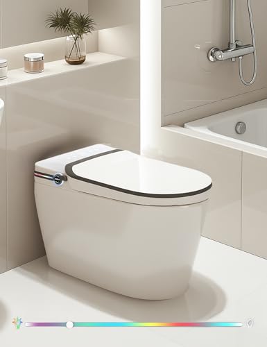Inodoro inteligente de una pieza con bidé, inodoro moderno alargado para baños con agua tibia, doble descarga automática, operación por sensor de pie, asiento bidé calefactado, inodoro eléctrico sin tanque con pantalla LED