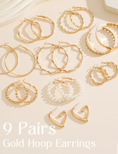 Image of 12 Pairs Gold Hoop Earrings Set for Women, Lightweight Hoop Jewelry