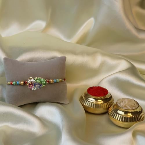 Image of Oblivion Peacock and Floral Design Rakhi Pair for Brother with Silver Colour Pooja Coin, Tilak Set and Greeting Card for Raksha Bandhan