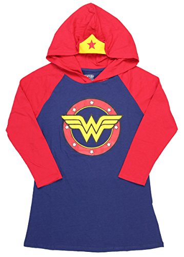 DC Comics Wonder Woman Stars Symbol Women's Raglan Hooded T-Shirt with Crown (Medium) Red/Blue
