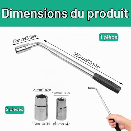 Kahaybeall Clé Démonte Roue Télescopique, Clé Téléscopique pour Pneus Auto et Moto, Extracteur de Boulon Antivole, Longueur Réglable de 350 à 500 mm, Douilles Interchangeables 17/19 mm et 21/23 mm – vue 2