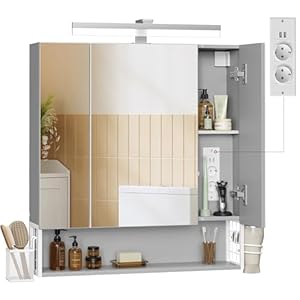 VASAGLE Spiegelschrank Bad mit Beleuchtung, 16,5 x 70 x 75 cm, Steckdosen, Hängekorb, Haartrockner-Halter, Spiegelschrank, Badschrank, Wandschrank, für Badezimmer, wolkenweiß-Taubengrau BBK126G01