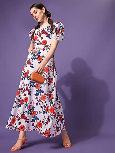 Image of Sheetal Associates Women's Puff Sleeve V-Neck Floral Printed Fit & Flare Casual Maxi Dress