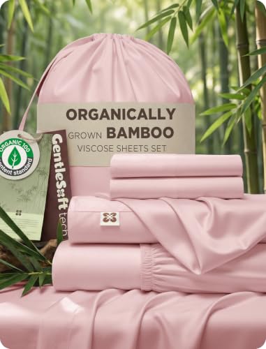 Image of Bedsure 100% Organically Grown Bamboo Viscose King Size Sheets Set | Cooling Bedsheets for Hot Sleepers | Luxury Silky Soft PureWoven | 18 inch Deep Pocket with Corner Straps | Oeko-Tex Certified [Pink]