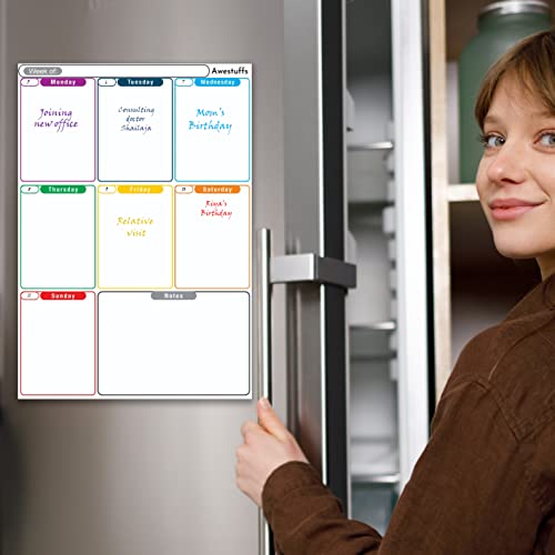 Image of Awestuffs Magnetic Whiteboard Sheet for Fridge /Office /Metal Wardrobe - Stain Resistant Dry Erase Flexible Writing Whiteboard Sheet with 2 Marker Pens (Weekly Planner [31 x 23 cm] (Medium))