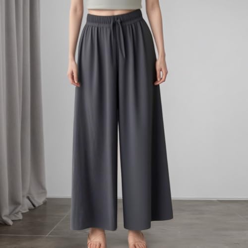 Women Breathable Knit High Waisted Casual Pants Loose Calf Length Tros Lightweight Solid with Pleats