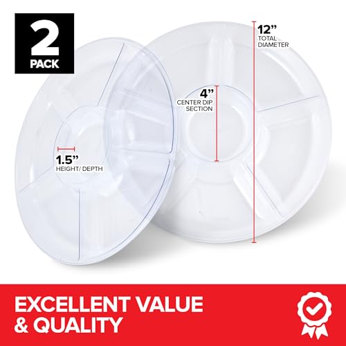 Stock Your Home 2 Pack, 6 Compartment Clear Platter - Heavy Duty Disposable Or Reusable Plastic Fruit & Vegetable Platter - Ideal Veggie Trays For Serving For Party thumb #1