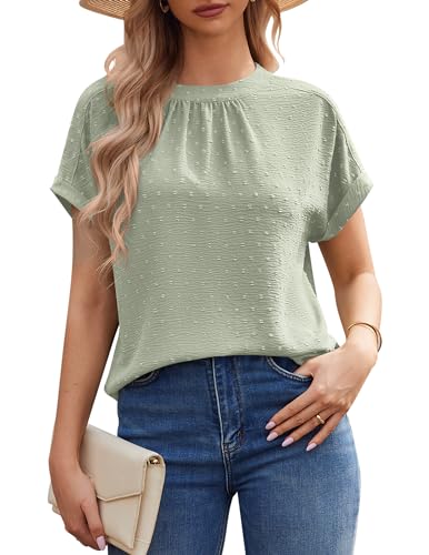 Work Blouses for Women Dressy Casual Swiss Dots Short Sleeve Tops Chiffon Business Casual Summer Tops