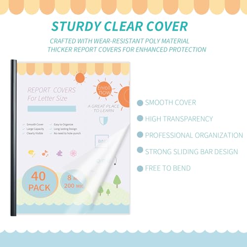 Image of Heavyduty Clear Report Covers with Sliding Bars, 70 Sheet Capacity, 40 Pack | Clear Report Covers for A4 and Letter Size, 9 mm Bars, 8 Mil Thick, Black, for Resumes, Presentations, School and Business