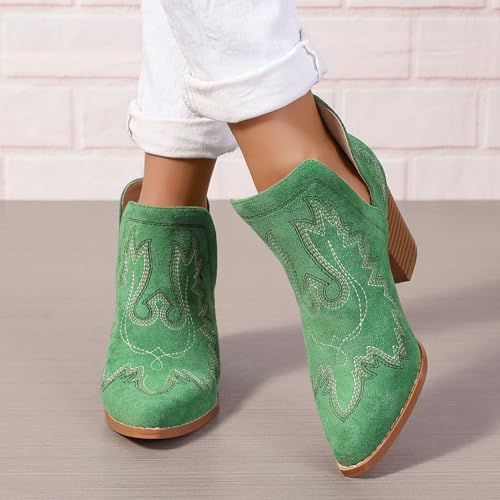 Image of SelRoys Cowboy Boots for Women Cowgirl Ankle Western Embroidered Stitched Pointed Toe Cutout Chunky Heels Short Booties Red Brown Black US5-11