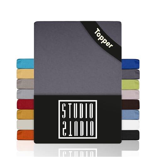STUDIO Basic Topper Spannbettlaken 180x200cm – Jersey-Spannbetttuch aus 100 % gekämmter Baumwolle – Grau – bügelfrei, elastisch & Oeko-TEX...