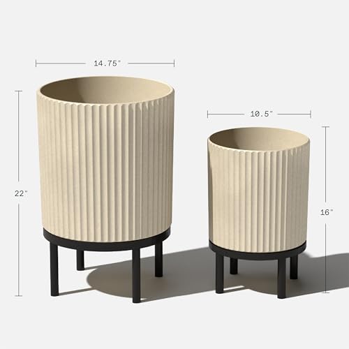 Image of Veradek Demi Series Raised Duo Planters - Set of 2 Planters with Stands | Made From a Durable Plastic-Stone Composite & Comes With Wooden Stand. Modern Porch /Patio Decor
