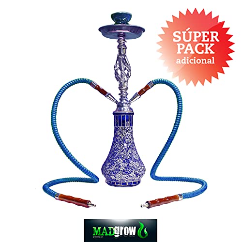 MADGROW Murano Shisha Blau Party Glas, Metallkörper und zwei Schläuchen, 45 cm, Super Pack mit 5 Düsen XXL + Zange… – Bild 3