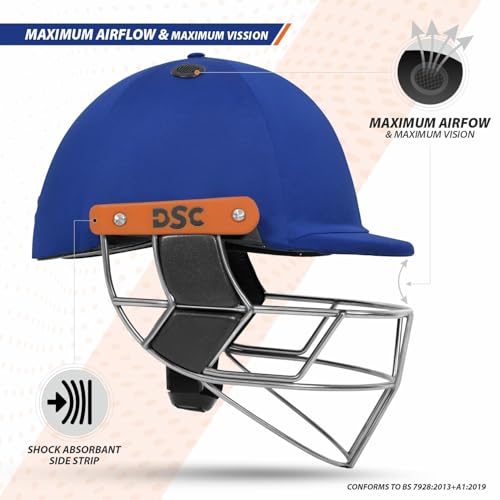 Image of DSC Empra Titanium BSI Approved Professional Cricket Helmet | BS7928 Certified Pro-Standard Hard Ball Helmet with Ultra-Light Titanium Grill & Advanced Shock Absorption | Color: Royal Blue | Size: M