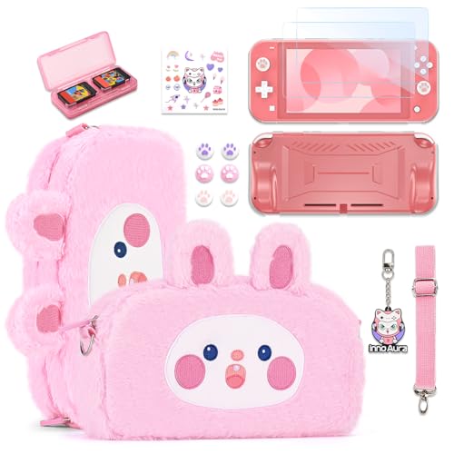 Image of innoAura Switch Lite Case 14-in-1 Accessories Bundle for NS Switch Lite (2019), with Protective Carrying Case, Game Holder, Screen Protector & Cute Thumb Grips, Pink Rabbit Plush Bag
