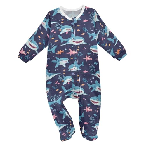 Wusikd Cartoon Sharks Fish One-Piece Footies Cute Bodysuit Rompers Zipper for Boys Girls 6M