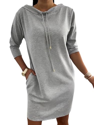 CHICME Womens Sweatshirt Dress Casual 3/4 Sleeve Mini Dress Stand Collar Drawstring Pullover Tunic Top with Pockets-ga-L A-Gray