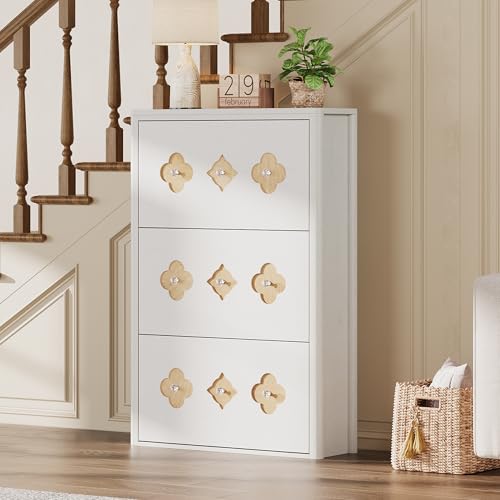 Image of GarveeHome Shoe Storage Cabinet with 3 Flip Drawers, Narrow Wood Shoe Organizer Cabinet with Floral Pattern, Freestanding Slim Shoe Rack Cabinet with Adjustable Shelves, for Entryway, Hallway, White | Floral Pattern, Shoe Cabinet for Entryway, Hallway, Living Room, Narrow Wooden Shoe Cabinet with Adjustable Shelves